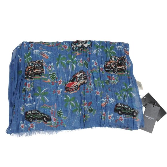 Saint Laurent Unisex SS16 Surf Palmeraie Hawaiian Print Scarf Blue Cashmere Silk - Picture 1 of 9